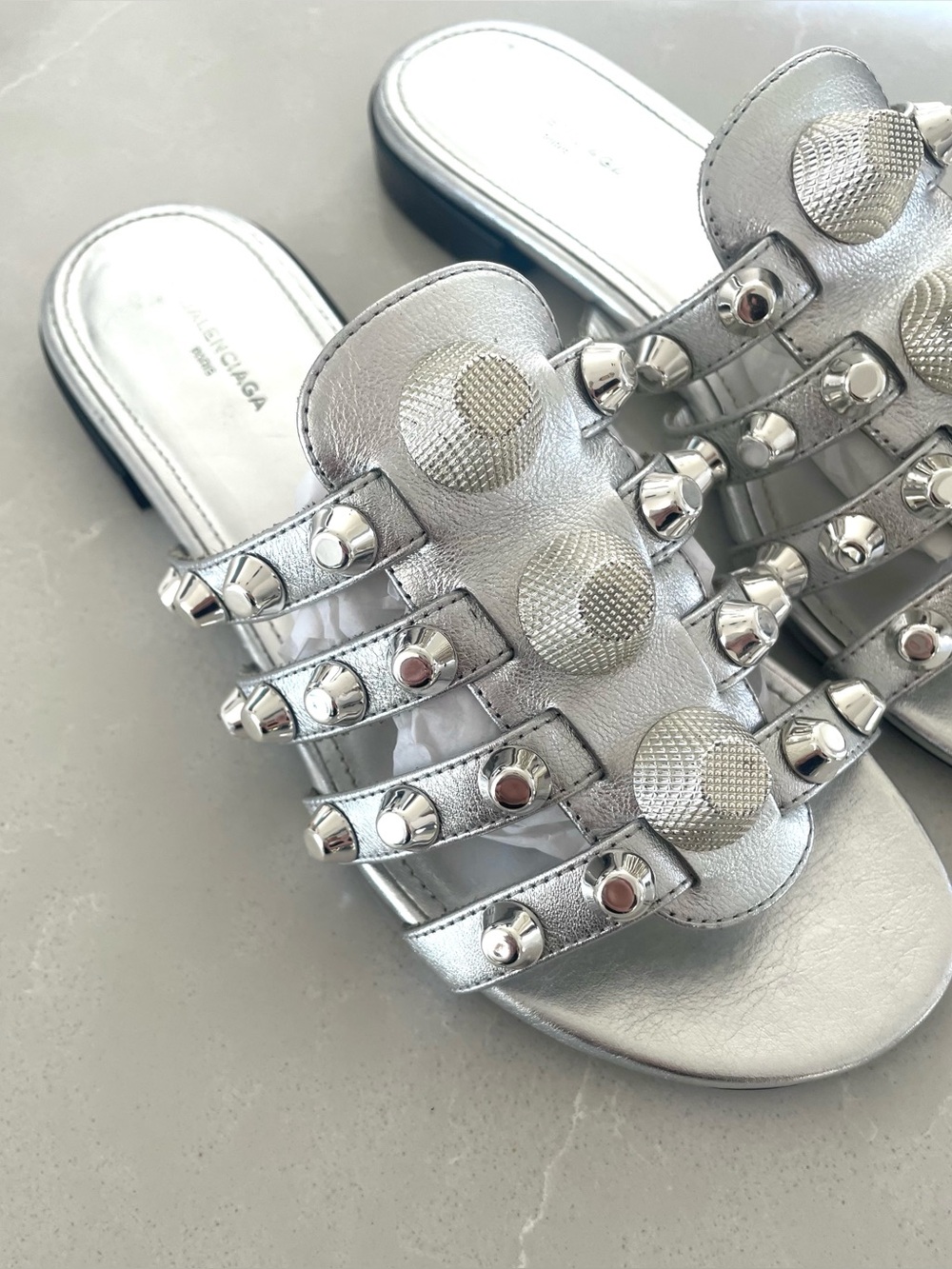 Balenciaga Arena Metallic Silver Stud-Embellished Slide Sandals Size 35